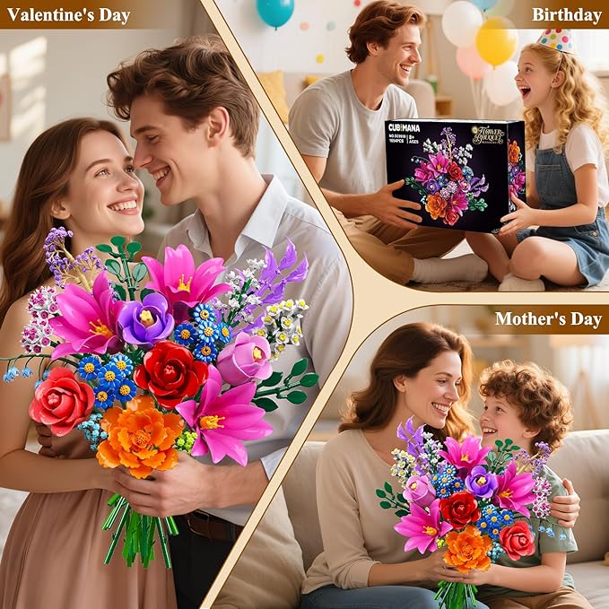 Flowers Bouquet Building Set with LED Light, 21 Flower Botanical Collection Building Block Toy, Rose Lily Home Plant Decor 1054PCS for Her Adults Women Kids Girls 12+ (RED)