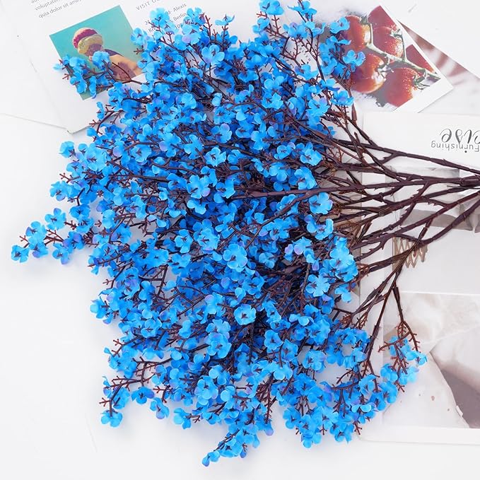 Yastouay Blue Fake Flowers Artificial Flowers, 10 Pcs Real Touch Silk Flowers Faux Artificial Flowers for Decorations, Babys Breath Flowers Bulk for Spring Decor Floral Arrangement