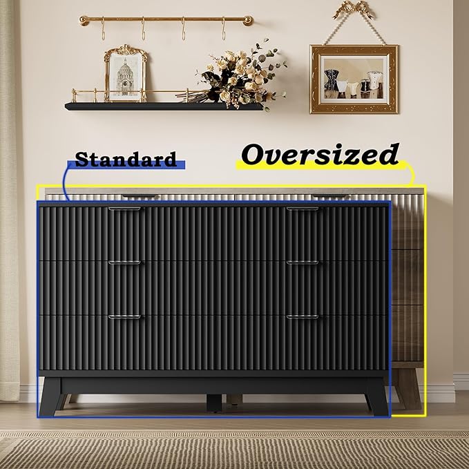 53" Long Dresser for Bedroom, 6-Drawer Dresser with Fluted Fronts, Wide Wood Chest of Drawers, Smooth Metal Slides, Stable Base, Modern Clothes Storage Cabinet for Living Room, Hallway