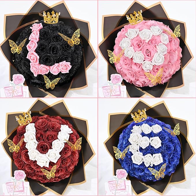 36+20 Glitter Roses Bouquet, DIY Fake Flowers Bouquet, Craft the Initials of Your Loves' Name with Artificial Rose Bouquet for Valentines, Anniversary, Wedding, Mothers Day Gifts, Pink & White