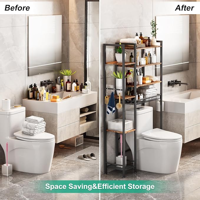 Kalrin 8-Tier Over The Toilet Storage with Side Rack, Over Toilet Storage Rack with Adjustable Shelf & Drain Basket, Freestanding Bathroom Organizer for Balcony, Laundry (Vintage Brown)
