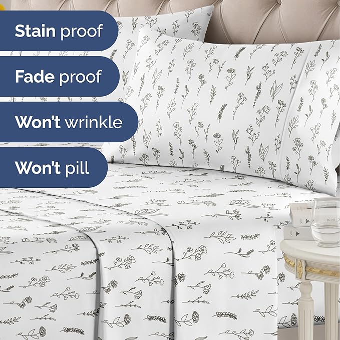 Floral Sheets - Black & White Floral Bed Sheet Set - 1 Flat, 1 Fitted & 2 Pillowcases w/ Deep Pockets - Comfy, Wrinkle & Fade Free - Boho Botanical Bedding - Soft, Breathable & Cooling - Full Size Set