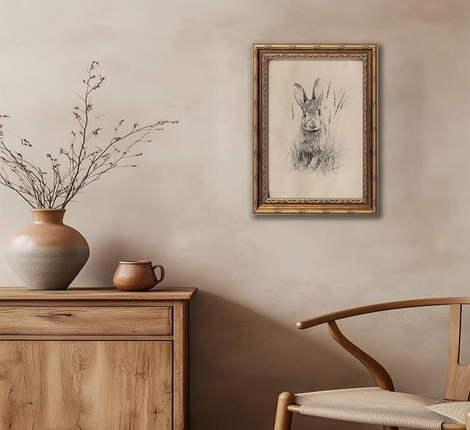Vintage Gold Framed Easter Bunny Canvas Wall Art Vintage Rabbit Wall Decor Spring Farmhouse Animal Sketch Print Artwork Sketch Rabbit painting Picture for Farmhouse Bedroom Living Room 16X24in