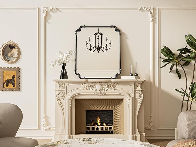 TETOTE Antique Black Rectangle Mirror for Mantle Fireplace 30 x 36 Baroque Vintage Ornate Scroll Wall Mirror with Metal Frame for Traditional Victorian French Decor, Horizontal/Vertical