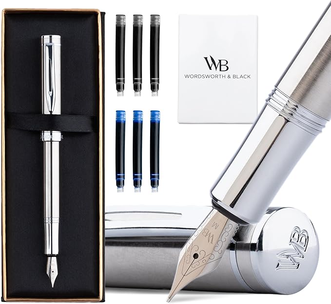 Wordsworth and Black Fountain Pen Mini EDC: Luxury Silver Heavy Pocket Pen, Chrome Finish, Medium Nib, 6 Ink Cartridges, Ink Converter, Travel Refillable Writing Pen Gift Set, Men & Women