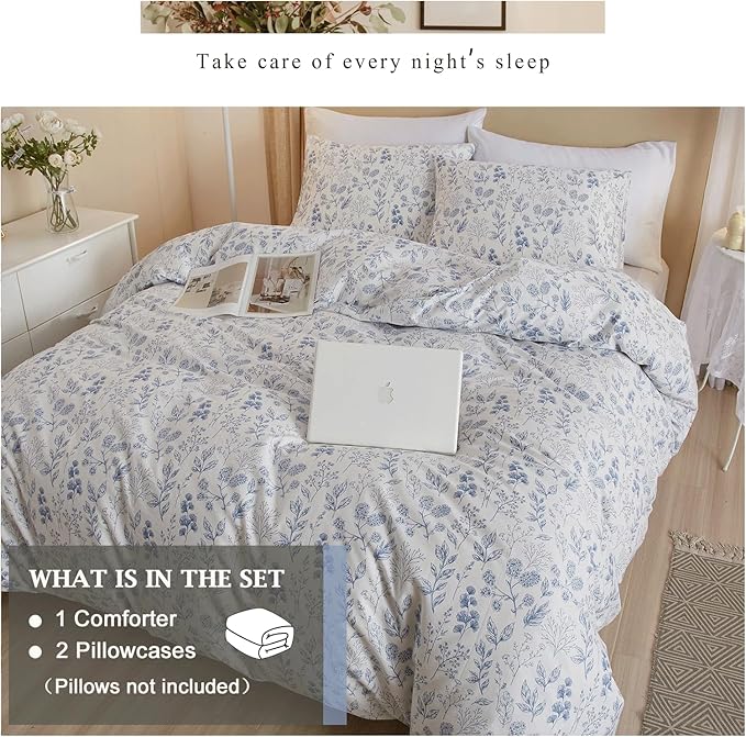 VM VOUGEMARKET Botanical Comforter Set Full 3 Pcs Farmhouse Style Blue Flower Branch Bed Comforter with 2 Pillowcases All Season Soft & Lightweight Comforter/Quilt Set for Girls Women 80"x90"