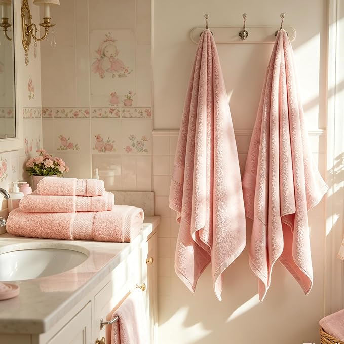 COZYART Pink Bath Towels for Bathroom 2 Pcs, 27x54 100% Cotton Bath Towel Set Super Soft Highly Absorbent Durable 650 GSM Shower Towels for Daily Use