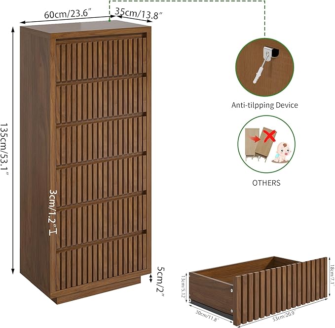 Fluted Tall 6 Drawer Dresser, Mid Century Dresser for Bedroom, 45 Inch Wood Chest of Drawers, Modern Closet Clothes Organizer, Walnut Wooden Storage for Living Room, Brown