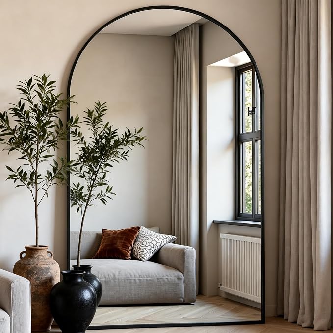Dewfig Arched Full Length Mirror, 86"x46" Large Floor Mirror with Stand, Oversized Full Body Mirrors for Standing/Leaning/Hanging, Wall Mounted Mirrors for Bedroom, Living Room,Dressing Room, Black