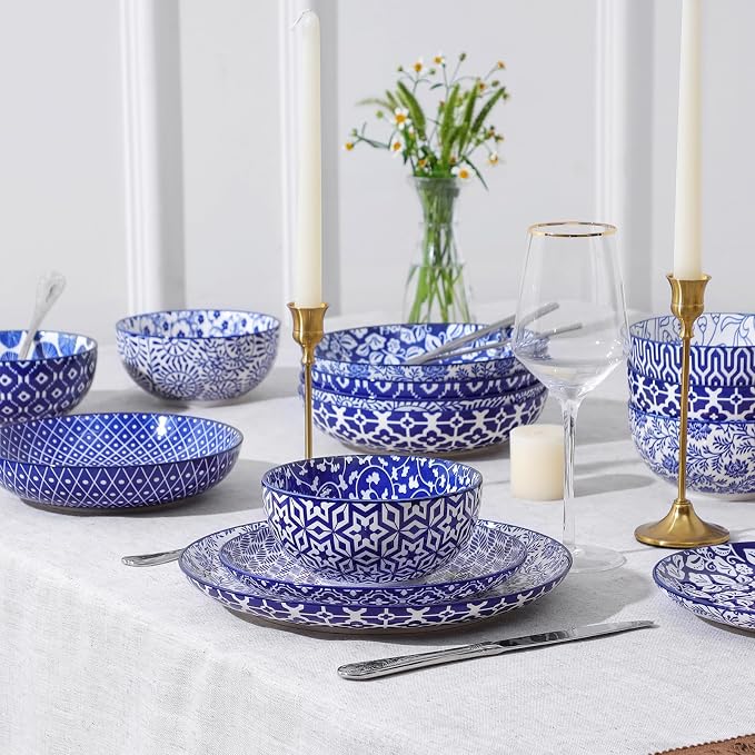 Selamica Ceramic Plates and Bowls Sets,32 Pieces Dinnerware Sets for 8,Scratch Resistant Dish Set for family gathering,Dishwasher & Microwave Safe, Vintage Blue