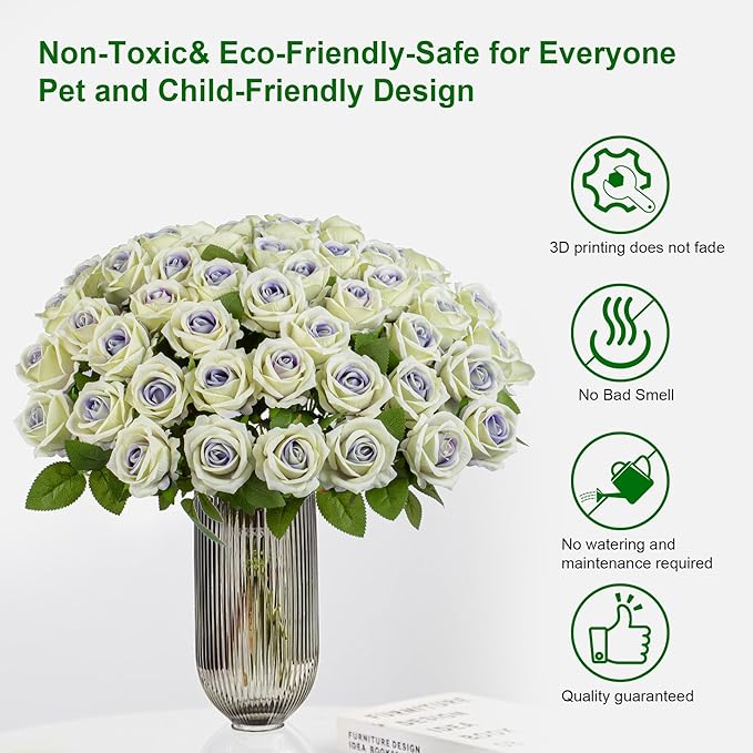 Fake Plants Roses Flowers Plastic Flowers Spring Decorations for Home Gifts for Gf Roses Artificial Flowers for Vase Fake Flowers Home Decor19.6”(Purple Heart 50PCS)