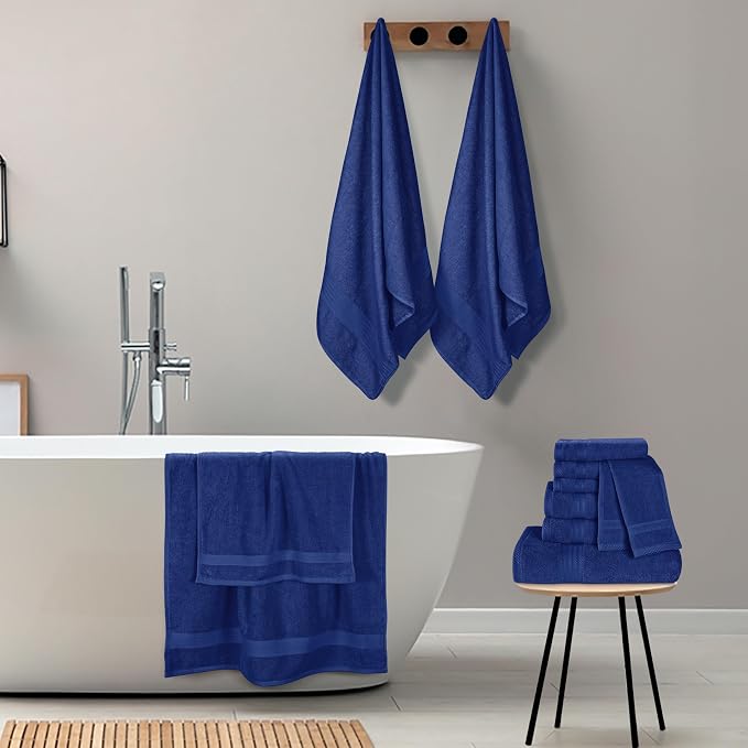 GLAMBURG Ultra Soft 24-Piece Towel Set - 100% Pure Ringspun Cotton, Contains 8 Oversized Bath Towels 27x54, 8 Hand Towels 16x28, 8 Wash Cloths 13x13 - Ideal for Everyday use, Hotel & Spa - Navy Blue