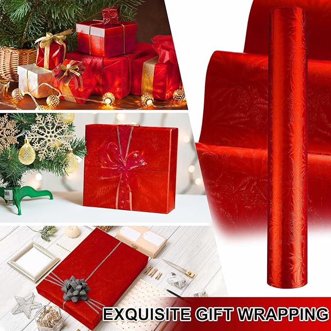 Jecery Embossed Floral Foil Paper Metallic Wrapping Paper Colored Foil Sheets for Crafts Scrapbook Florist Cake Board Cake Drums Gift Wrapping, 15.7 Inch 46 Ft (Red)