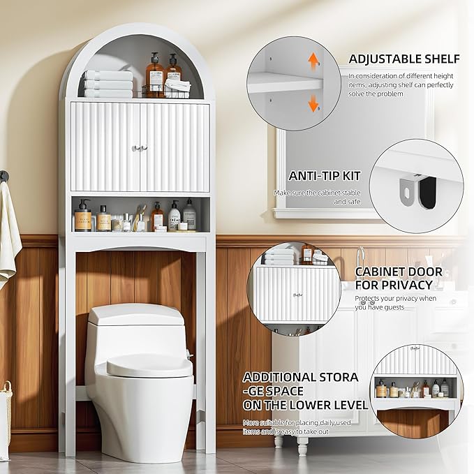 Spurgehom Over The Toilet Storage Cabinet, Bathroom Shelf Organizer Freestanding, Bathroom Arch Cabinet Over Toilet with Fluted Door and Anti-Tipping Device, White