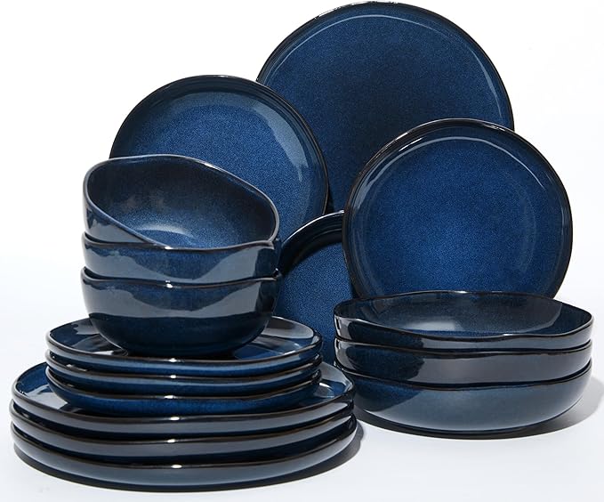 Pokini Plates and Bowls Sets, 16 Pieces Dinnerware Set for 4 with Pasta Bowls, Handmade Dishes Set, Chip Resistant Dishware Sets, Microwave Safe Dinner Set, Designed for Interactive Meals, Starry Blue