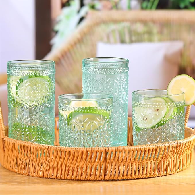 Darlion 6 Pack Green Vintage Glassware Set, 10oz Textured Embossed Drinking Glasses, Colored Water Glasses, Green Glass Cups for Juice, Cocktails, Beer, Iced Tea, Soda