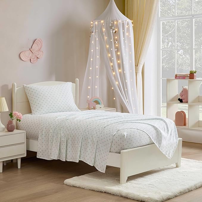 Laura Ashley Kids - Queen Sheet Set, Soft & Wrinkle-Resistant Toddler Bedding Set, Deep Pockets, Girl Bed Sheets with Matching Fitted Sheet & Pillowcases (Lovely Bows Blue)