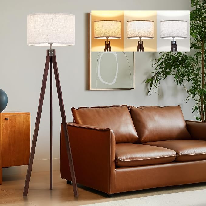 ELYONA Wood Tripod Floor Lamp with 3 Color Temperatures Bulb, Mid Century Modern Reading Standing Light, Farmhouse Floor Light Linen Shade for Living Room Bedroom Office, Walnut, 9W LED Bulb Include