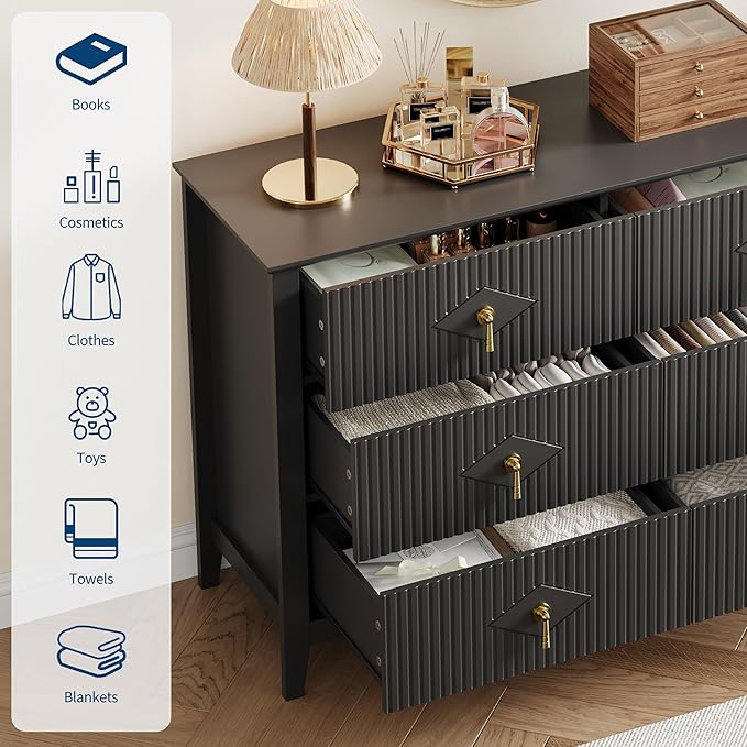 GarveeHome Fluted Dresser for Bedroom, 47.2 Inch Wide 6-Drawer Wood Dresser, Modern Chest of Drawers, Storage Organizer Cabinet for Living Room, Hallway, Entryway, Black