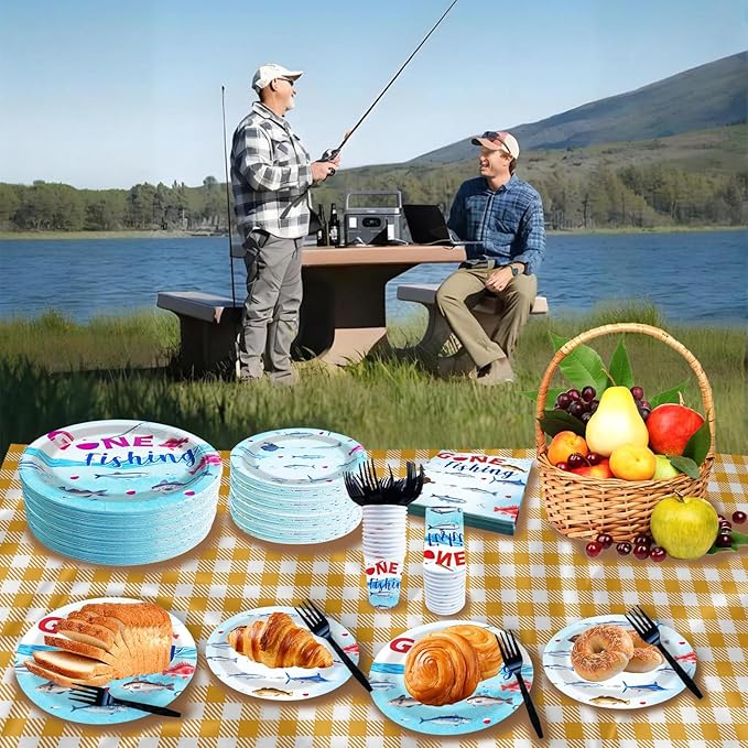 Gone Fishing Birthday Party Plates and Napkins Decorations Kit, Ofishally One Fisherman Tableware Supplies for Birthday Little Fisherman Favors Party Decor Service 24 Guests