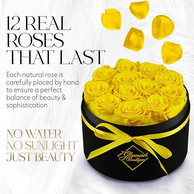 GLAMOUR BOUTIQUE Flowers Forever Gift Box 12 Real Preserved Roses in a Velvet Box, Birthday for Her Mom and Wife, Mothers Day, Anniversary, Graduation - Yellow