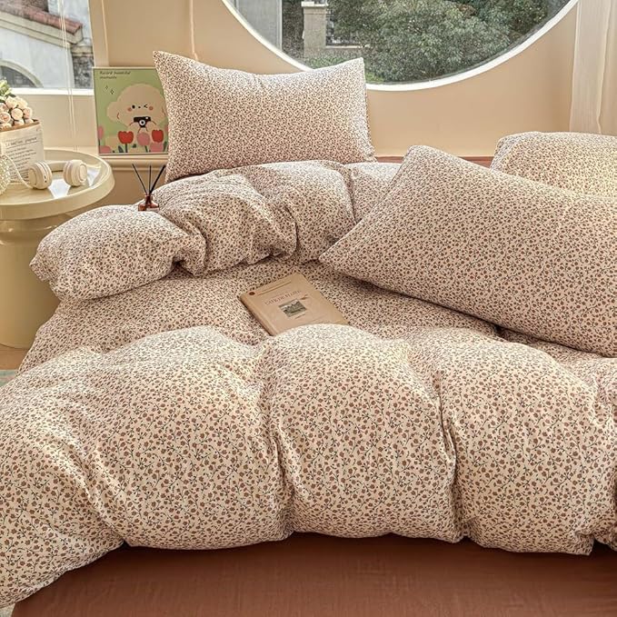 EAVD Chic Garden Small Floral Duvet Cover Queen Soft 100% Muslin Cotton Feel Gauze Vintage Floral Bedding Set with 2 Pillowcases Cottagecore Botanical Print Duvet Cover with Zipper Closure