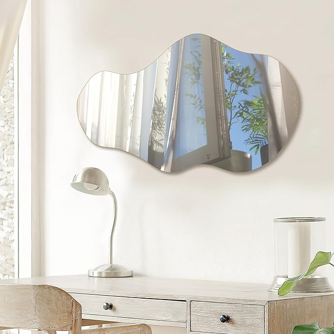 PERFNIQUE Irregular Wall Mirror Asymmetrical Mirror, 34''x20.5'' Decorative Modern Mirrors for Bathroom Bedroom Living Room Entryway, Cloud Frameless Mirror, Wall Mounted (34''x20.5'', Cloud)