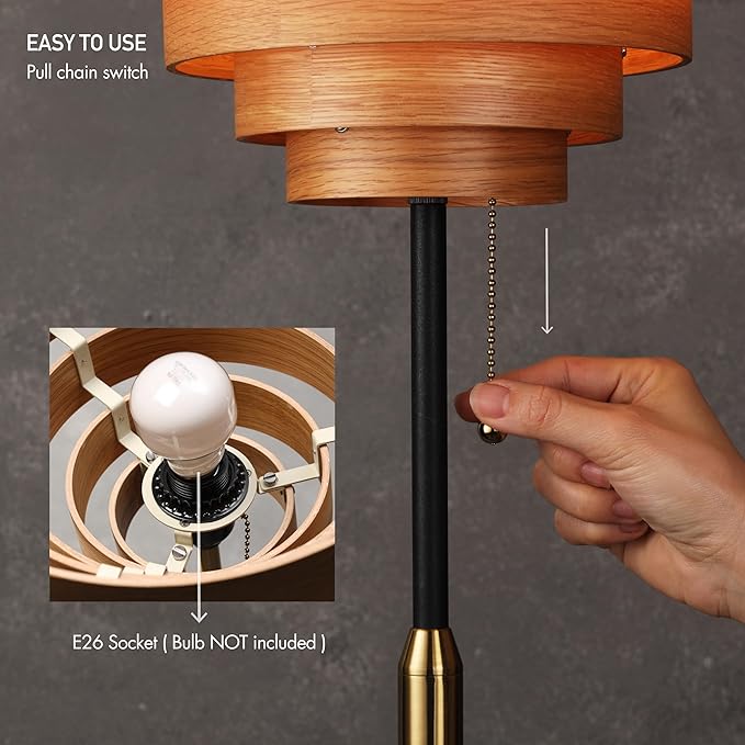 O'Bright Cascade Floor Lamp – Modern Wooden Layered Lampshade, E26 Socket, Pull Chain Switch, Metal Base, Standing Lamp for Living Room, Bedroom, Office, Black