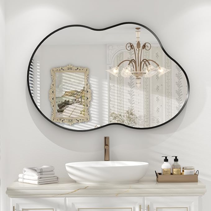 24x36 Inch Black Irregular Matte Bathroom Mirror, Black Asymmetrical Mirror for Wall Decor, Aluminum Alloy Frame, Shatterproof, Anti-Rust(Horizontally/Vertically)