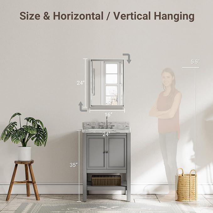 Brushed Nickel Bathroom Mirror, 16''x 24'' Beveled Bathroom Mirror Brushed Nickel, Rustproof Rectangle Framed Mirror for Home Decor, Vertical/Horizontal