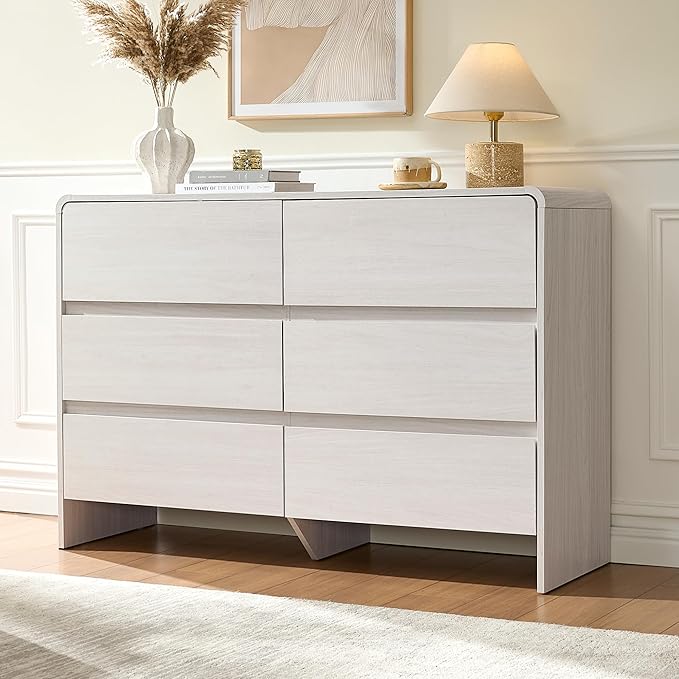 AMERLIFE 6 Drawer Dresser for Bedroom, 49" Wide Modern Chest of Storage Drawers with Rounded Corners, Anti-Tip Kit, Wood Cabinet Organizer for Closet, Living Room, Nursery, Easy Assembly, White