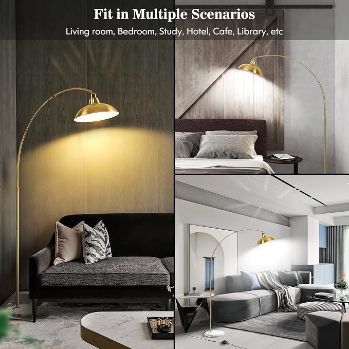 FILIYANO Gold Brass Arc Floor Lamp for Living Room - Mid Century Modern Standing Lamp, Overhanging Floor Lamps, Arch Stand Up Lamp & Floor Light with White Marble Base, Ideal for Bedroom Study Room
