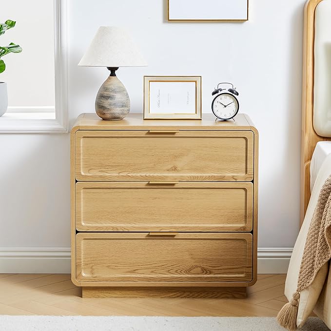Turtle&Myrtle Modern 3 Drawer Dressers for Bedroom, 26'' Wide Wood Nightstand w/3 Storage Drawers, End Table, Dresser & Chest of Drawers with Curved Profile for Living Room Entryway, Natural
