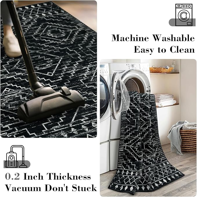 Wonnitar Moroccan Washable Area Rug 5x7, Black Large Rug for Living Room, Non-Slip Boho Bedroom Throw Mat, Low Pile Stain Resistant Geometric Floor Carpet for Dining Table Kitchen Dorm (Black,5'x7')