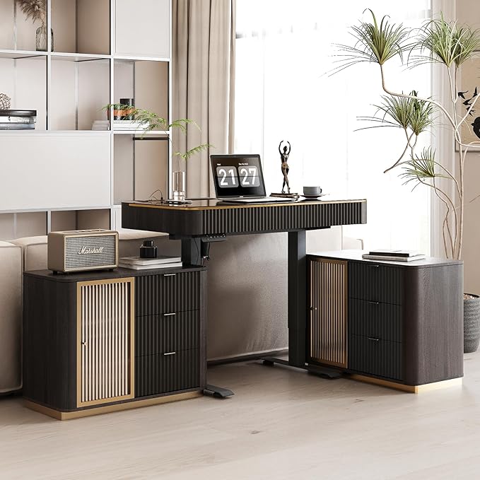 Lartis Office Desk, Electric Standing Desk with Built-in Outlets, Tempered Glass Top Modern Office Computer Desk with 2 Side cabinets (Black Brown, 50)