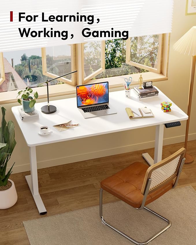 SANODESK Electric Standing Desk 48 x 24 Inches Whole-Piece Desktop Height Adjustable Stand Up Desk w/6-Button Controller Ergonomic Computer Desk for Home Office, White Frame + White Tabletop