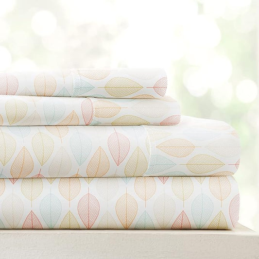 Linen Market Patterned Microfiber King Sheet Set 4 Piece – Oeko-TEX Certified Ultra Soft & Wrinkle-Free - 16" Deep Pocket Sheets - Easy Care King Size - Fall Foliage Yellow