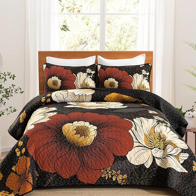 Dintszyayue Black Quilt Set Queen, 3 Pieces Red Floral Bedspreads Lightweight Coverlet Set for All Seasons, Reversible Quilted Printed Bedding Set with 2 Pillow Shams