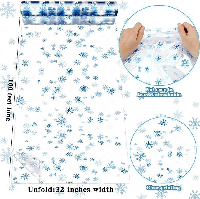 Christmas Cellophane Wrap Roll 100 ft Long 32 Inch Wide 3.1 Mil Thicken Long Film Wrapping Paper Plastic Gift Bags Large Basket Wrap for Xmas Decor Arts Crafts Flower(Clear, White, Blue,Snowflake)