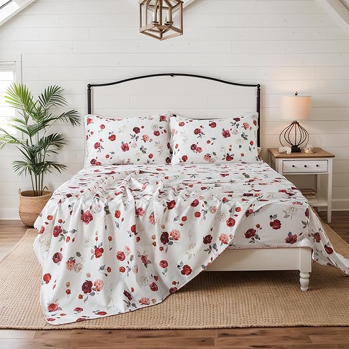 FADFAY Rose Sheets Set Twin XL Vintage White Rose Floral Bedding Shabby College Bedding 100% Percale Egyptian Cotton 800 Thread Count Ultra Soft Deep Pocket Fitted Sheet 4Pcs, Twin XL for Dorm Room