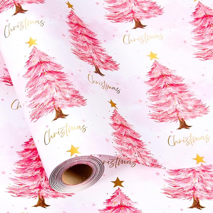 MAYPLUSS Christmas Wrapping Paper Roll - 17IN X 33FT - Pink Gift Wrapping Paper Featuring Christmas Tree Little Star Reversible Cut Lines for Kids, Holiday, New Year