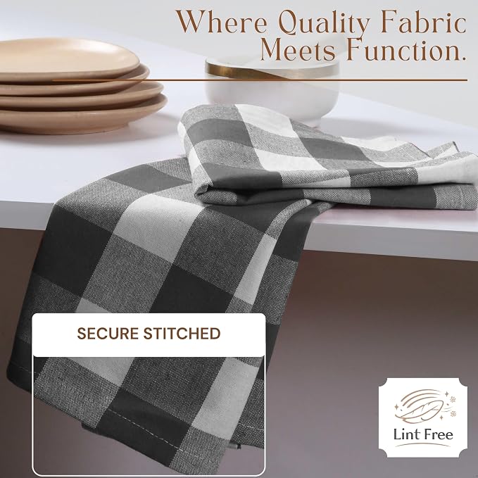 Grey Buffalo Check Plaid Kitchen Towels, 4 Pack, 100% Cotton, 16x26 Inches, Super Absorbent, Quick Dry, Soft, Lint-Free, Dish Drying & Cleaning Towels with Hanging Loop, Gray White