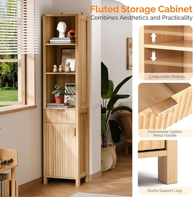 VINGLI Narrow Fluted Bathroom Floor Skinny Storage Cabinet with 1 Fluted Door&Drawer,68" Tall Narrow12 Inch Deep Slim Bathroom Storage Cabinet for Small Space w/3 Adjustable Shelves,Natural Oak Color