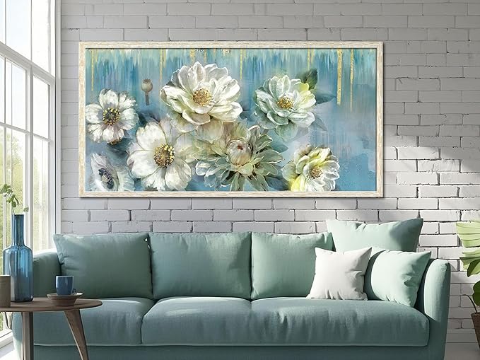 Ardemy Teal Canvas Wall Art Large Framed Magnolia White Floral Pictures Wall Decor Textured Painting Flowers Turquoise Artwork for Living Room Bedroom Dining Room Home Office, 58"x29"