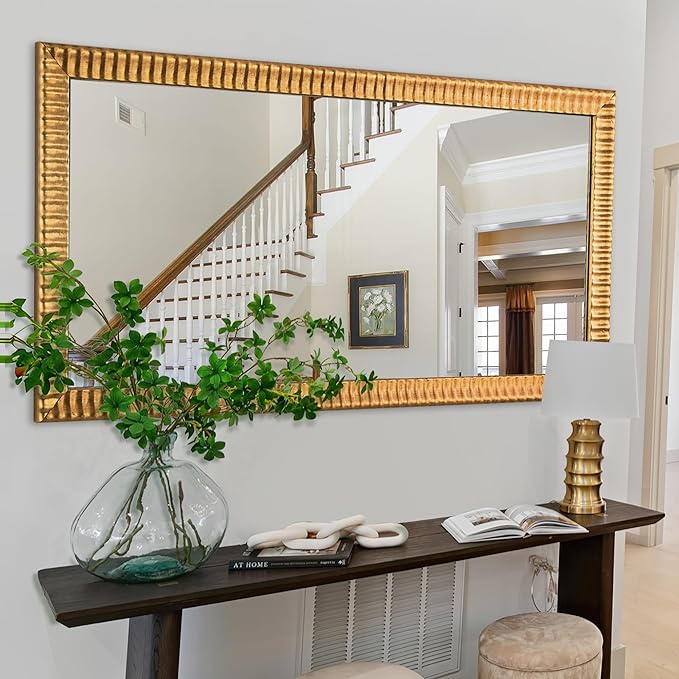 Chende 26" x 54" Large Wall Mirror for Decor, Gold Decorative Mirror with Wave Carved Wood Frame, Decoration for Dining Room, Bedroom, Hallway, Wall Mounted Wood Mirror