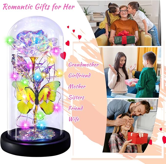 Rainbow Butterfly Rose Flower Birthday Gifts - Women Gifts for Her Anniversary Valentines Mothers Day Christmas Thanksgiving - Light Up Rose Flower Gifts for Wife Mom Grandma Girlfriend Lady Girl
