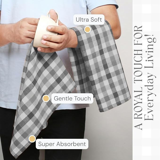 Checked Kitchen Towels 4 Pack, 18x26 Inches, Absorbent Dish Cloths, Reusable and Washable Tea Towels for Drying and Cleaning, Quick Dry Wash Rags - Light & Grey, Natural