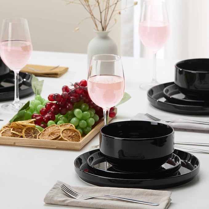 Vase and Vessel Ceramic Dinnerware Set, 12-Piece Service for 4, Soup Bowls (31.5 oz), Salad Plates (7.5"), Dinner Plates (10.5"), Round, Microwave and Dishwasher Safe, Black, Cambridge Classics