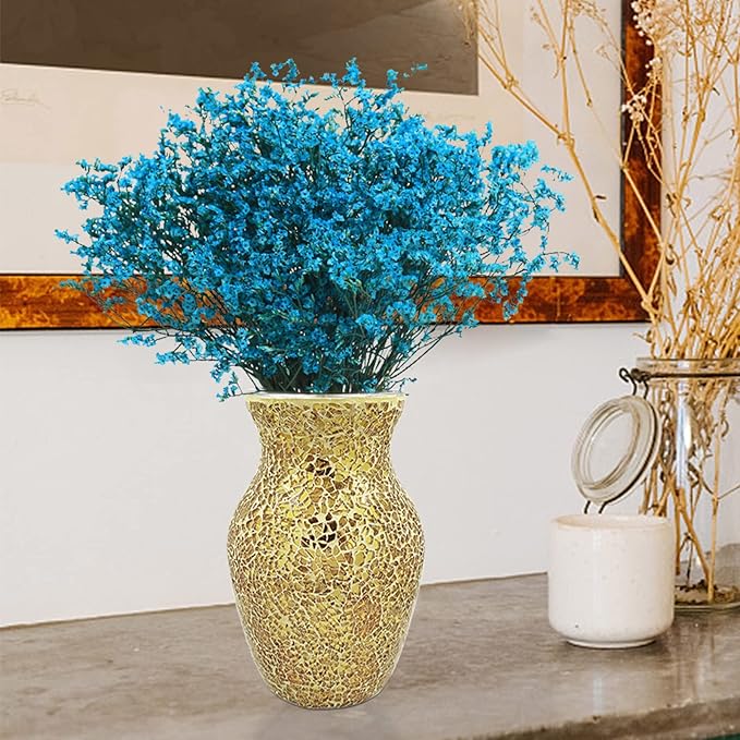 Mosaic Glass Vase, Gold Crackle Crystal Vase Handmade Flower Vase for Home Decor Centerpiece Wedding Table Decor 20.5cm Height