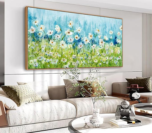 Framed Wall Art Wildflowers Canvas Pictures Living Room Wall Decor Abstract White Daisy Floral Prints Spring Landscape Painting Green Grass Artwork for Bedroom Kitchen Home Office Decor 20"x40"